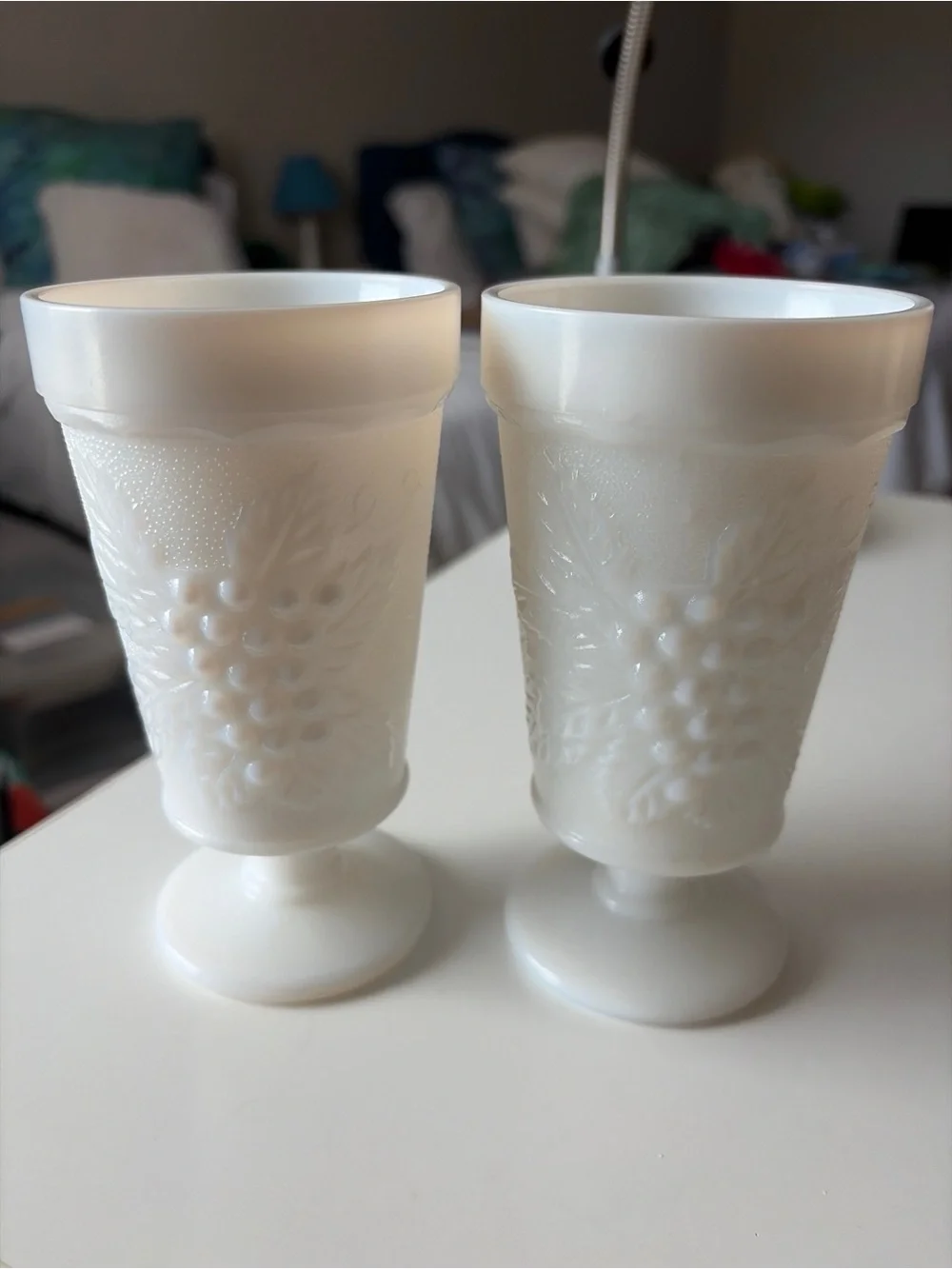 Classic White Milk Footed Pedestal Glass Goblets with Grape Relief - Set of 2